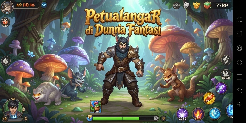 Screenshot gameplay menampilkan karakter menjelajahi hutan misterius di 77RP.