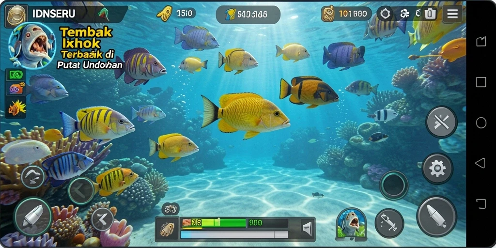 Screenshot IDNSERU menampilkan pemain dalam aksi menembak ikan.