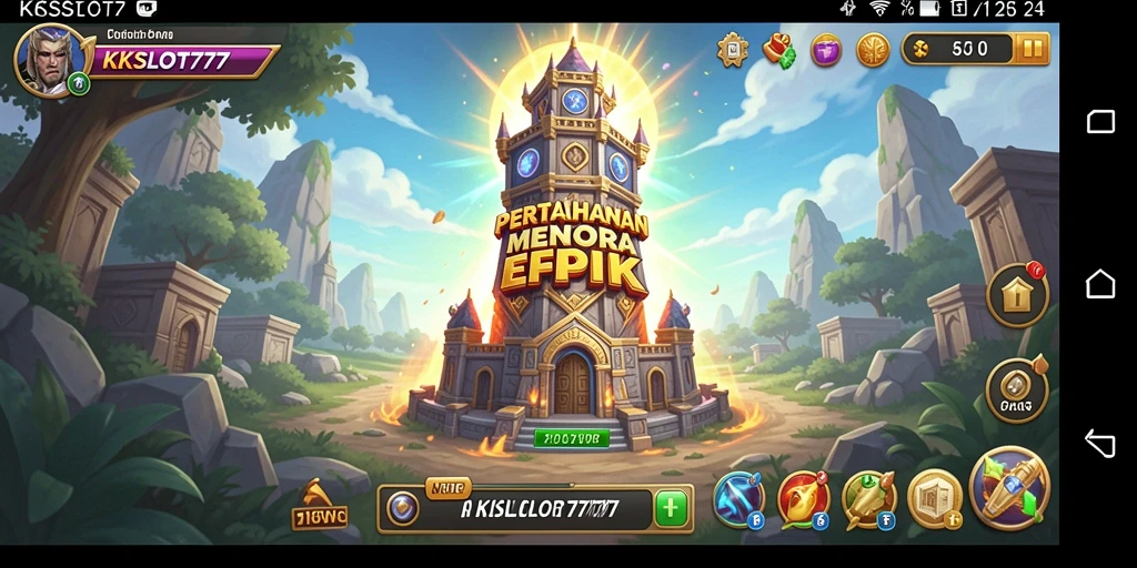 Screenshot gameplay KKSLOT777 menampilkan pertahanan menara melawan gelombang musuh.