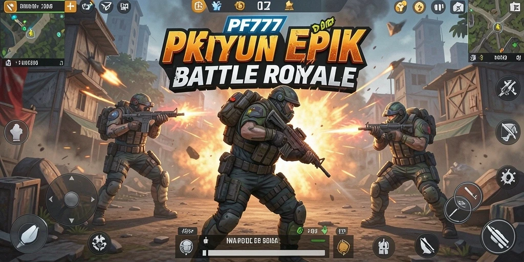 Screenshot gameplay PF777 menampilkan aksi pertempuran Battle Royale yang mendebarkan.